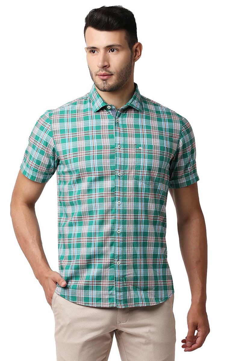 BASICS SLIM FIT TWILL CHECKS HALFSLEEVES SHIRT