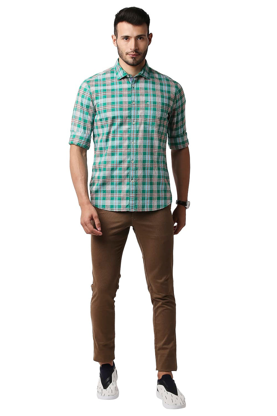 BASICS SLIM FIT PARAKEET GREEN TWILL CHECKS SHIRT