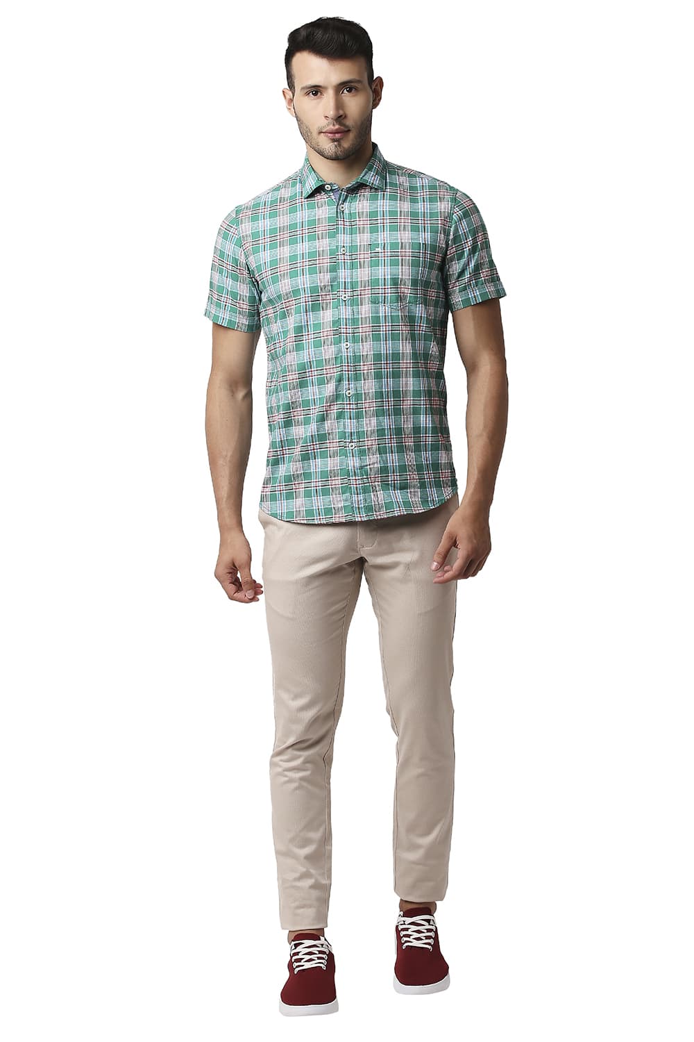 BASICS SLIM FIT TWILL CHECKS HALFSLEEVES SHIRT