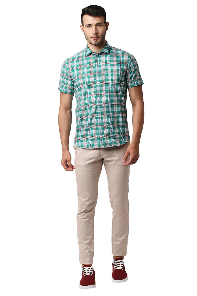 BASICS SLIM FIT TWILL CHECKS HALFSLEEVES SHIRT