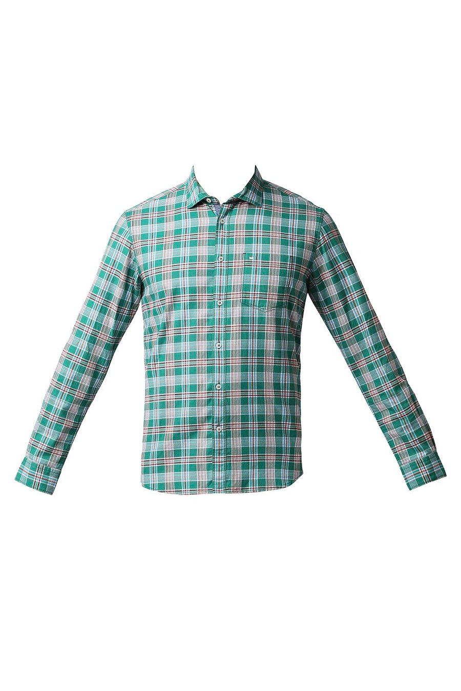 BASICS SLIM FIT PARAKEET GREEN TWILL CHECKS SHIRT