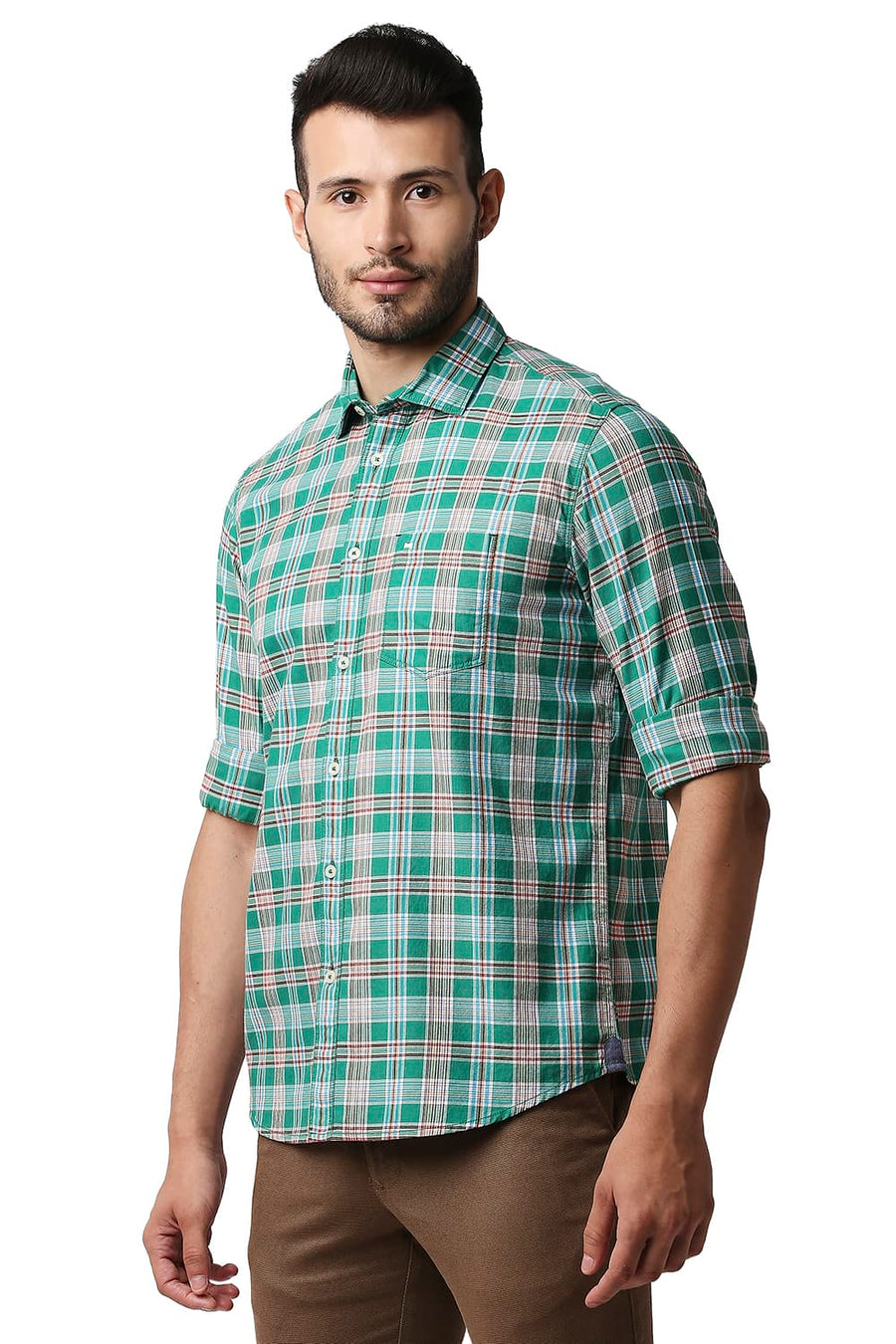 BASICS SLIM FIT PARAKEET GREEN TWILL CHECKS SHIRT