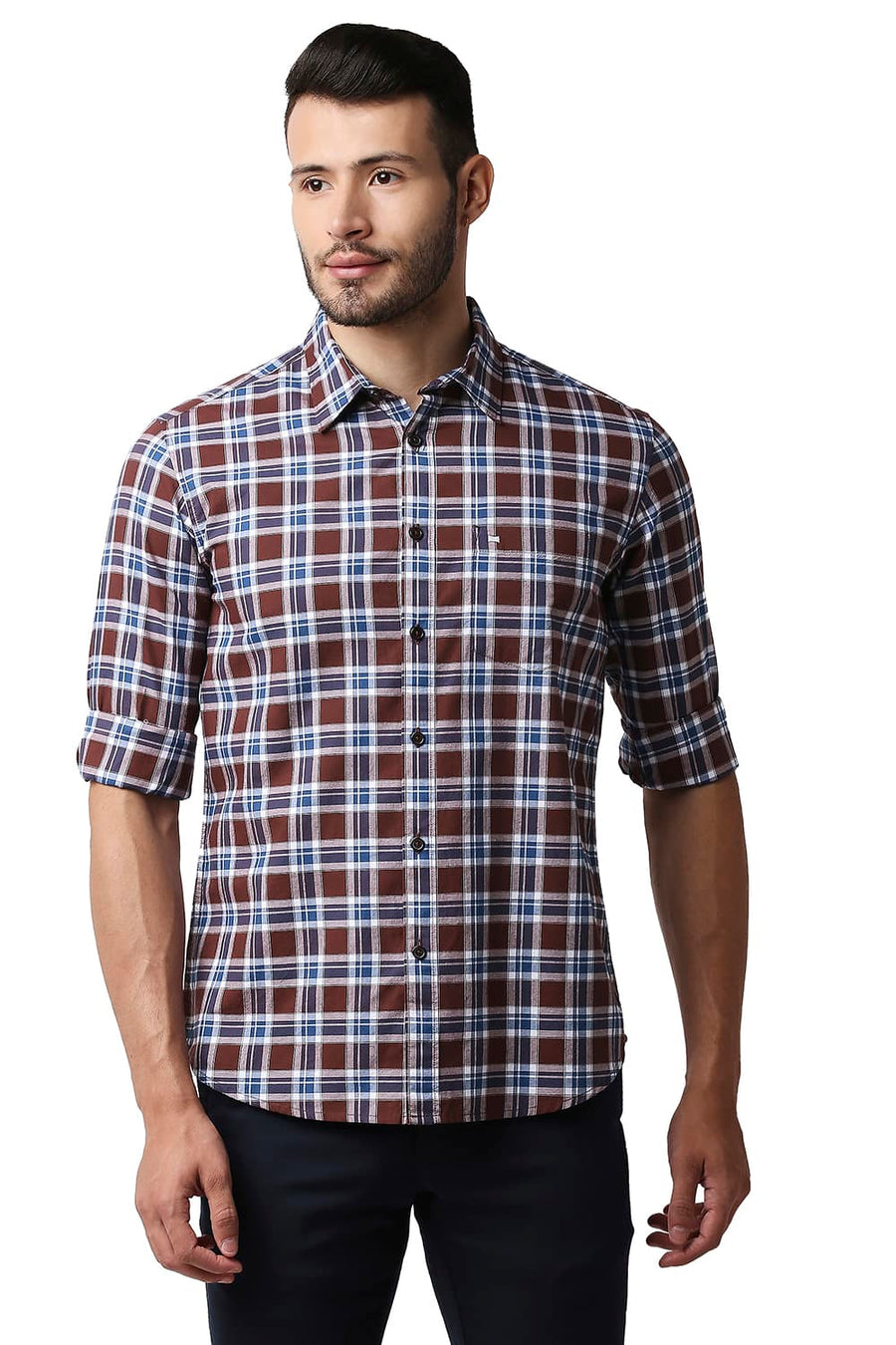 BASICS SLIM FIT CINNAMON BROWN OXFORD CHECKS SHIRT