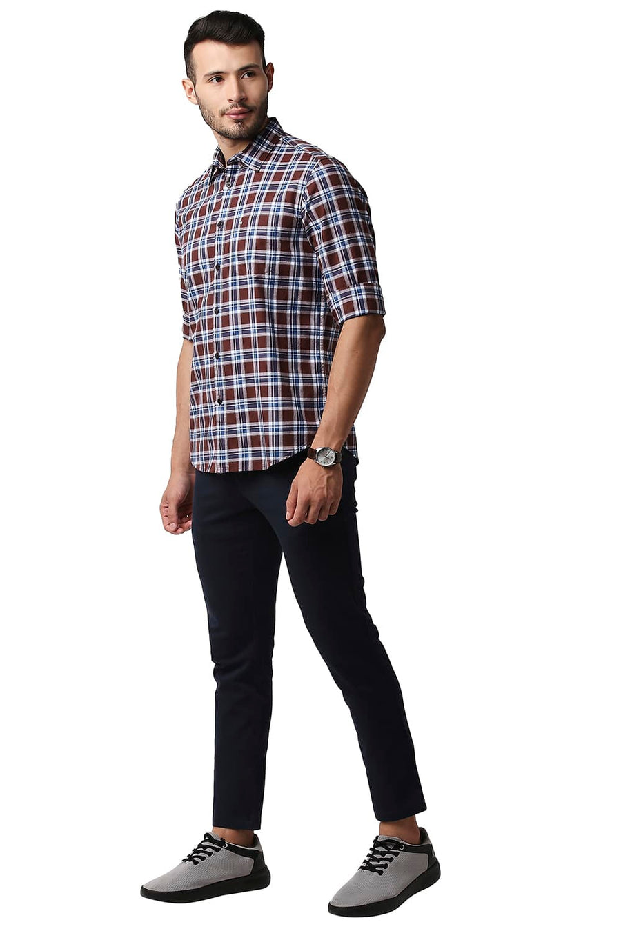 BASICS SLIM FIT CINNAMON BROWN OXFORD CHECKS SHIRT