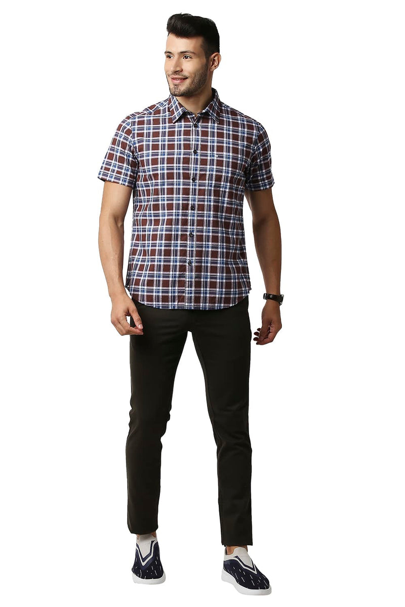 BASICS SLIM FIT OXFORD CHECKS HALFSLEEVES SHIRT