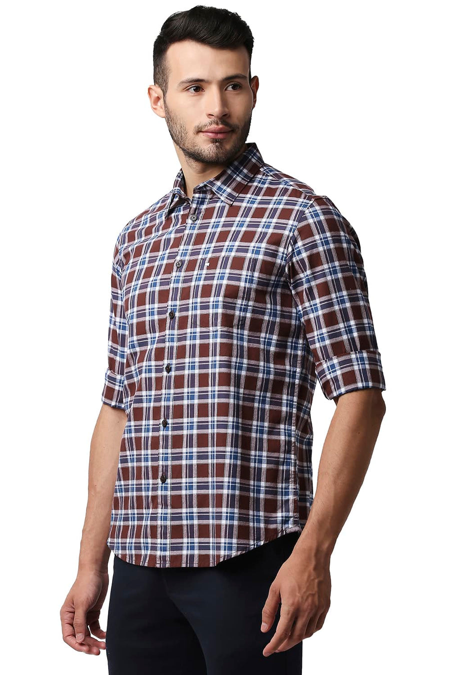 BASICS SLIM FIT CINNAMON BROWN OXFORD CHECKS SHIRT