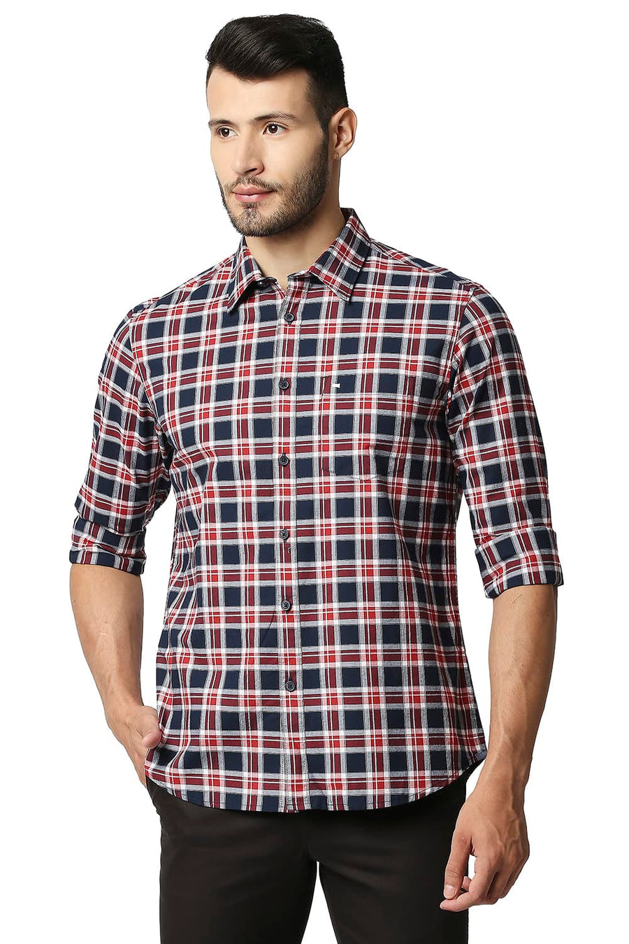 BASICS SLIM FIT NAVY NIGHTS OXFORD CHECKS SHIRT