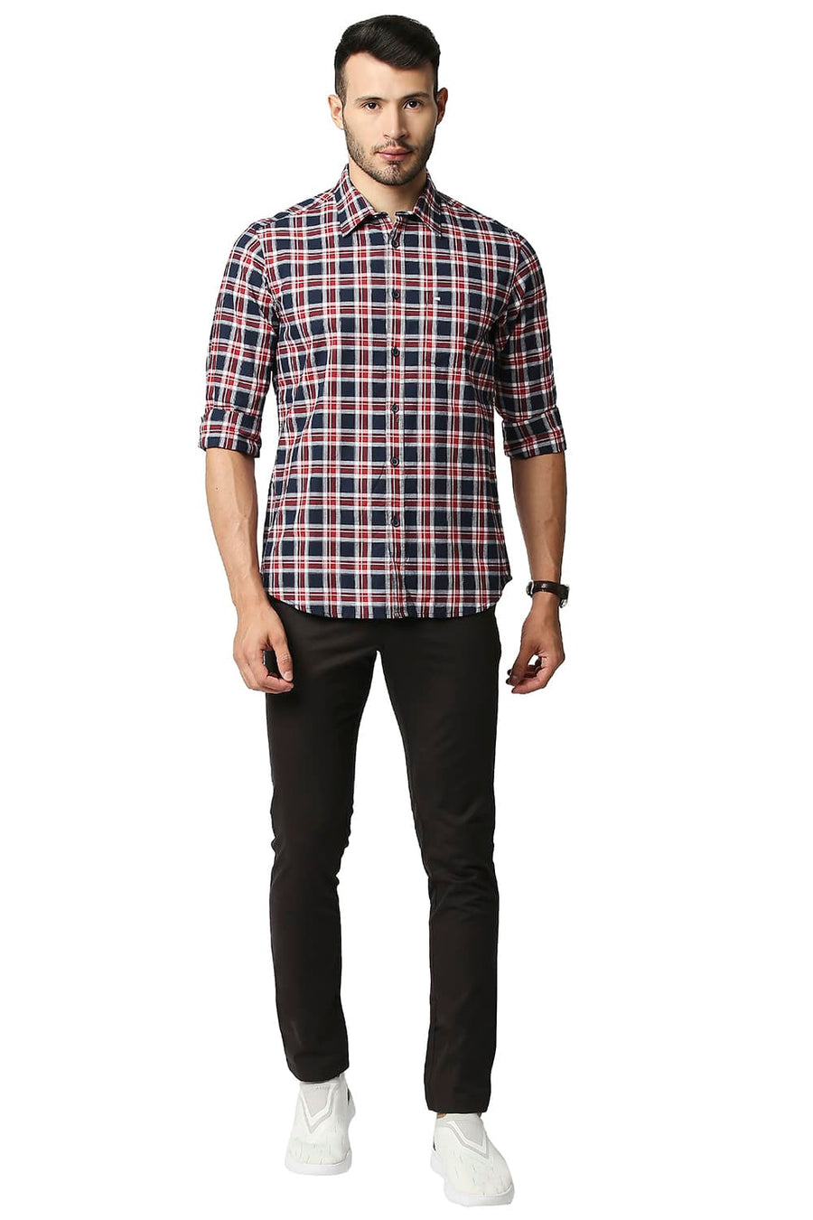 BASICS SLIM FIT NAVY NIGHTS OXFORD CHECKS SHIRT
