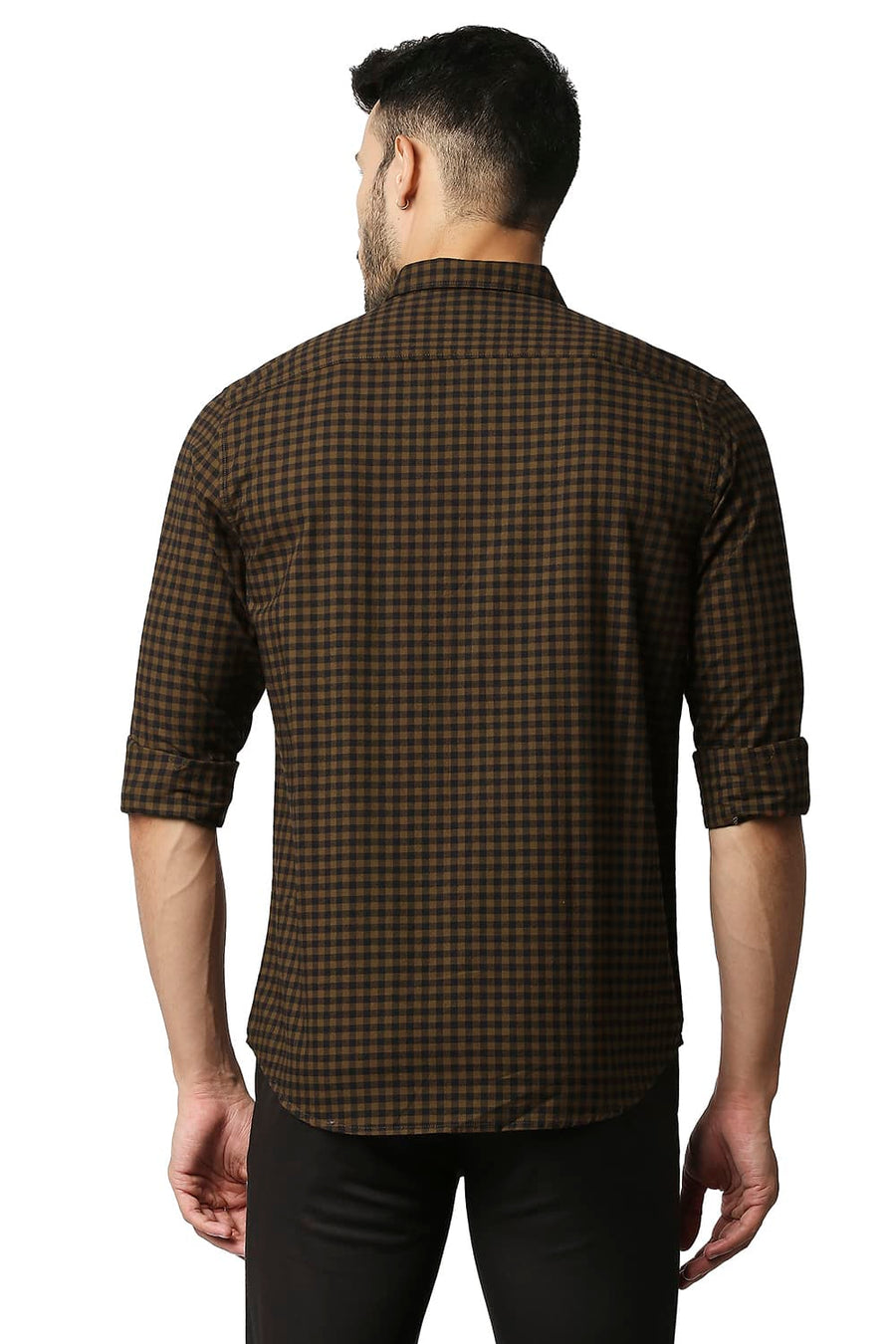 BASICS SLIM FIT DACHSHUND BROWN OXFORD CHECKS SHIRT