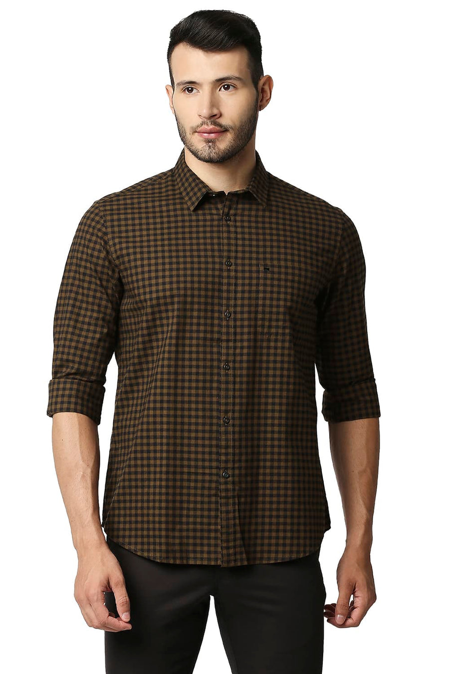 BASICS SLIM FIT DACHSHUND BROWN OXFORD CHECKS SHIRT