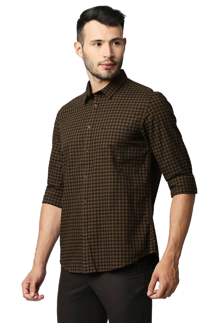 BASICS SLIM FIT DACHSHUND BROWN OXFORD CHECKS SHIRT