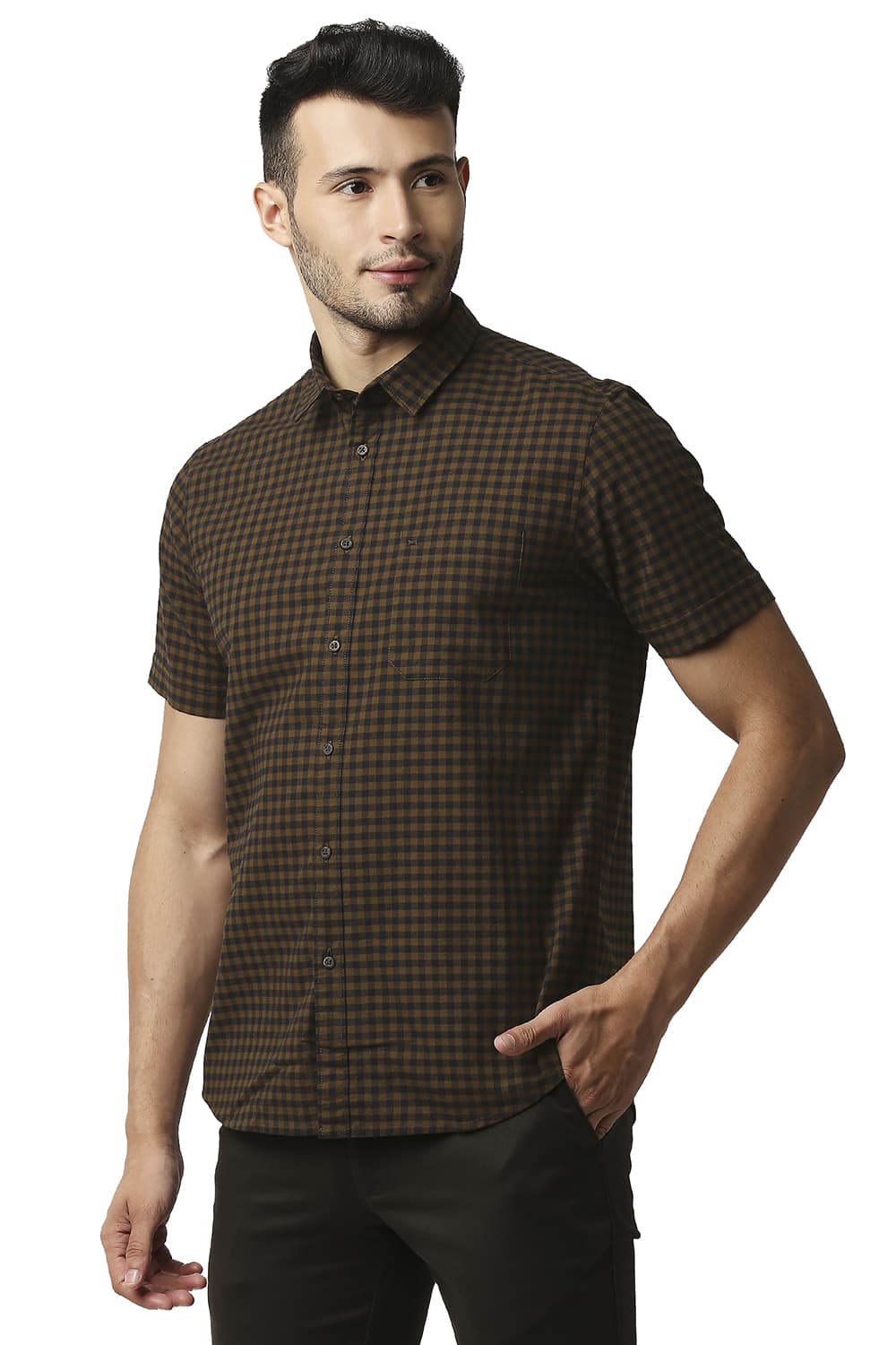 BASICS SLIM FIT OXFORD CHECKS HALFSLEEVES SHIRT