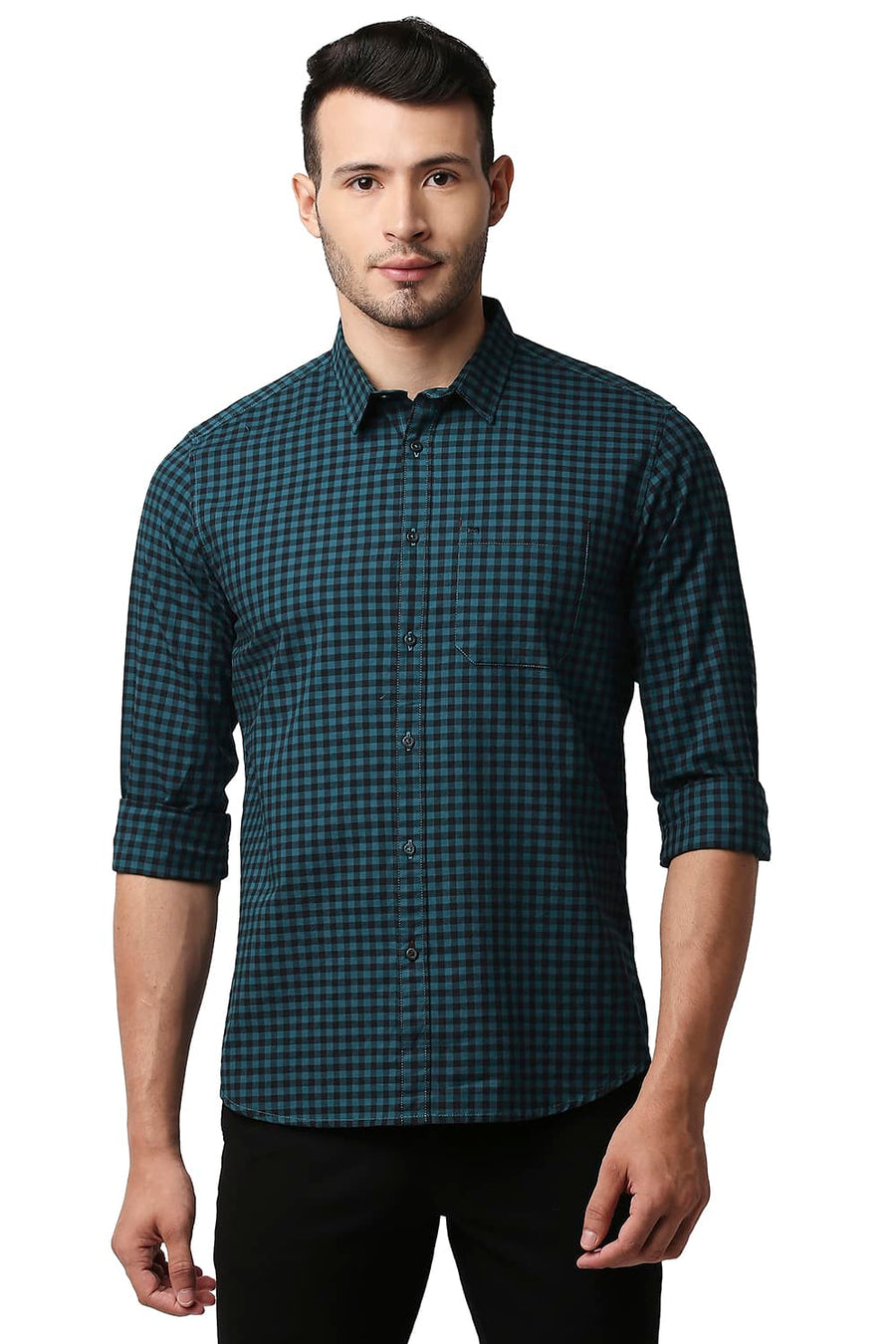 BASICS SLIM FIT COLONIAL TURQUOISE OXFORD CHECKS SHIRT