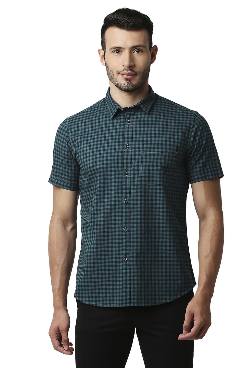 BASICS SLIM FIT OXFORD CHECKS HALFSLEEVES SHIRT