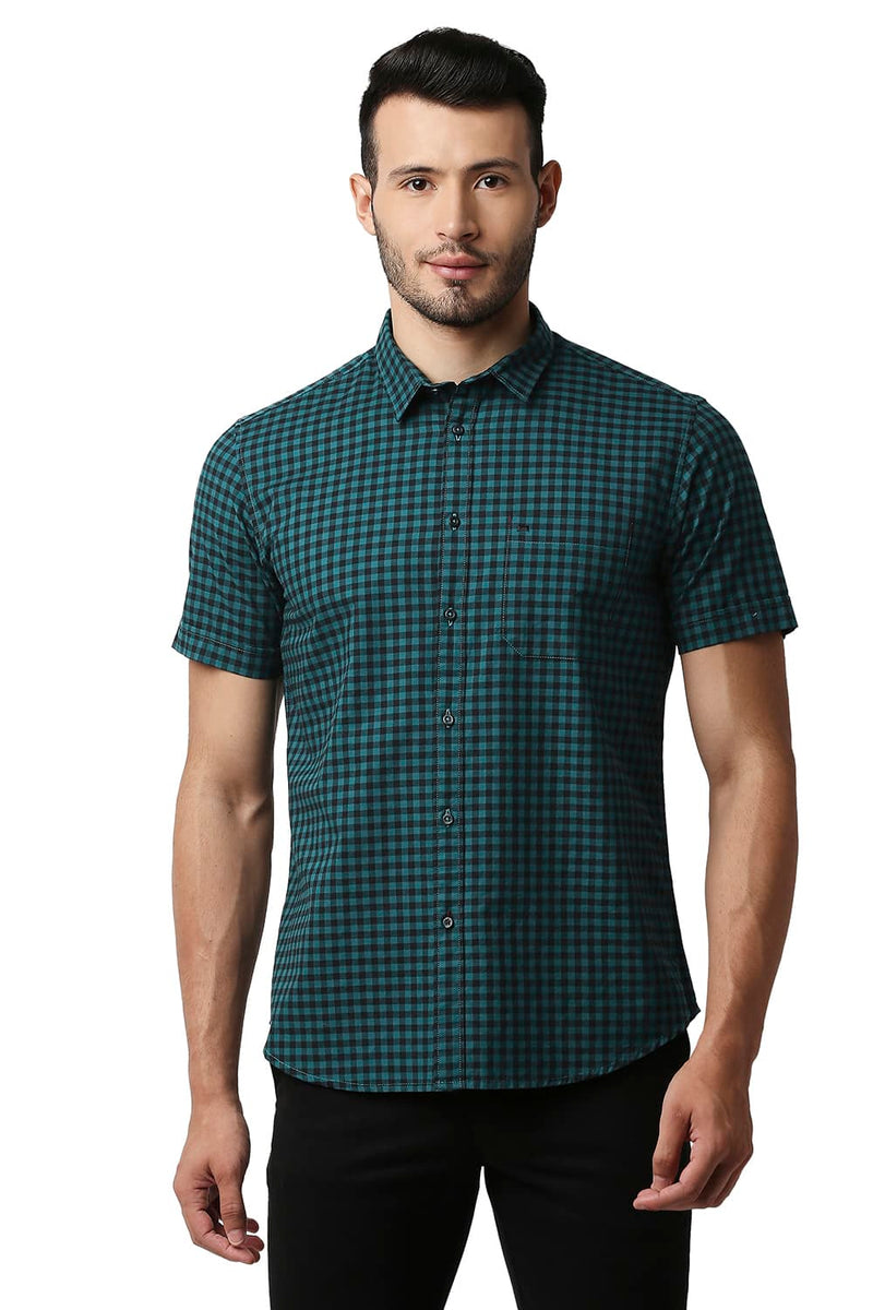 BASICS SLIM FIT OXFORD CHECKS HALFSLEEVES SHIRT