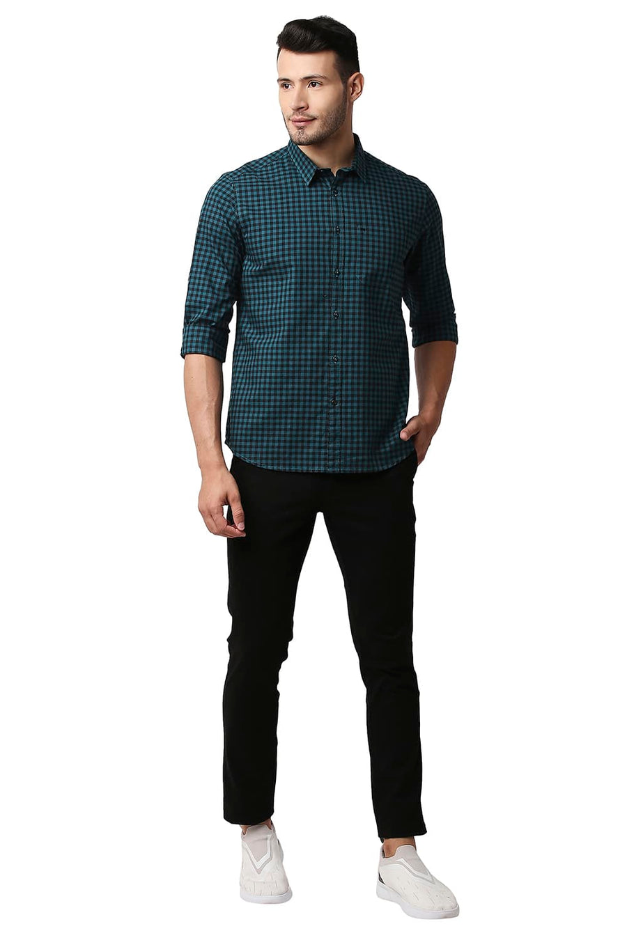 BASICS SLIM FIT COLONIAL TURQUOISE OXFORD CHECKS SHIRT