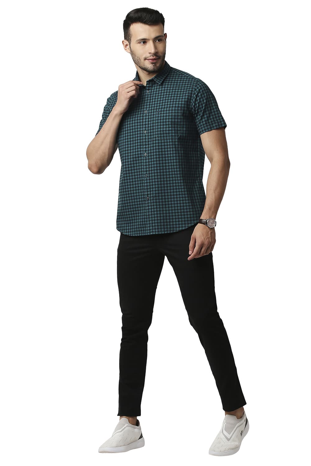 BASICS SLIM FIT OXFORD CHECKS HALFSLEEVES SHIRT