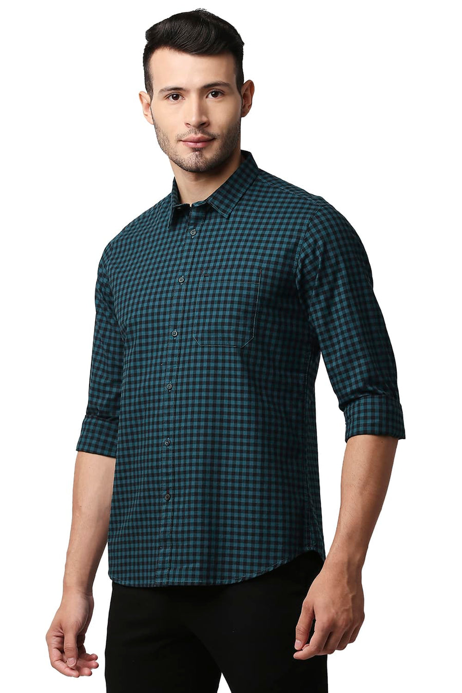 BASICS SLIM FIT COLONIAL TURQUOISE OXFORD CHECKS SHIRT