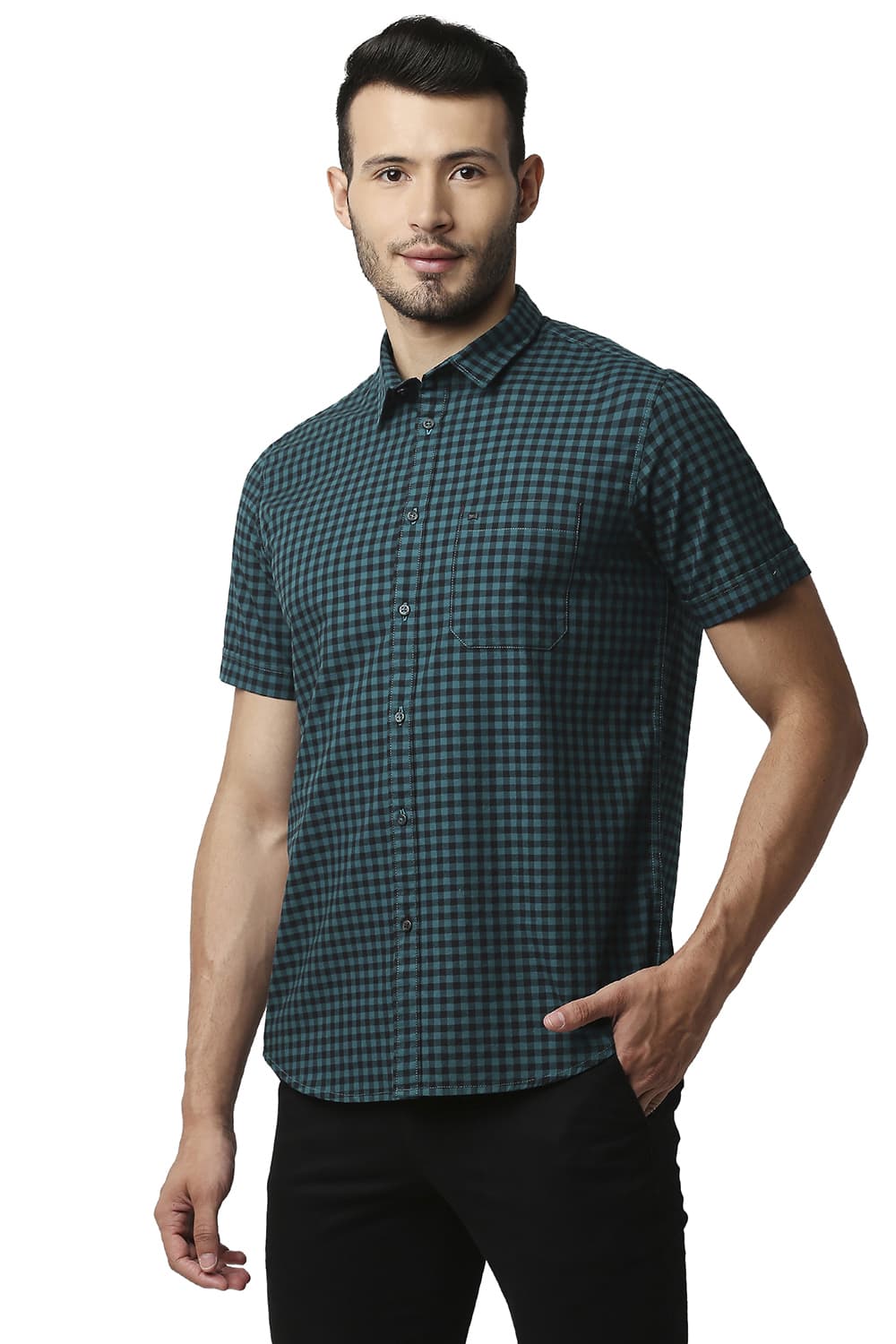 BASICS SLIM FIT OXFORD CHECKS HALFSLEEVES SHIRT