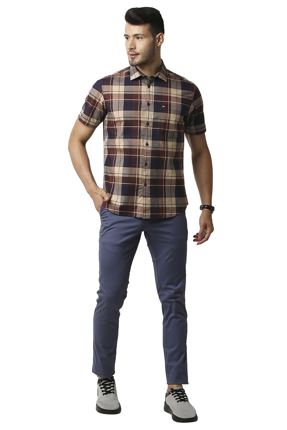 BASICS SLIM FIT OXFORD CHECKS HALFSLEEVES SHIRT