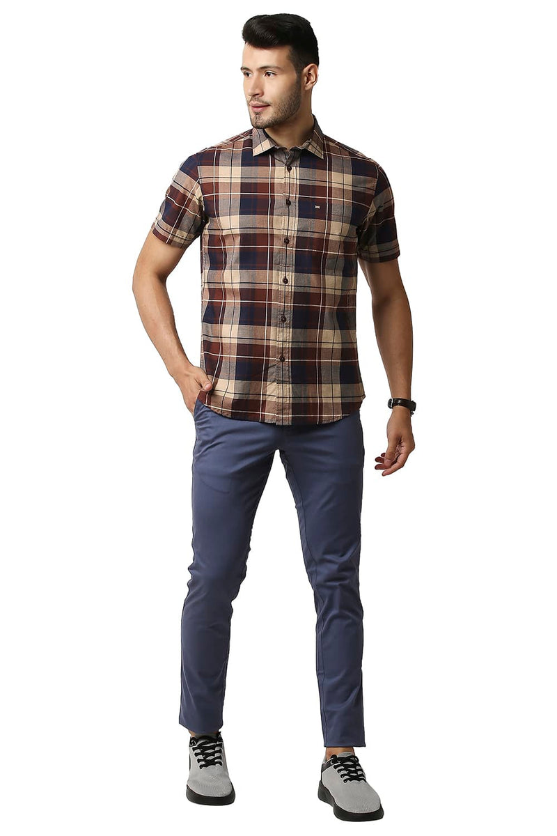 BASICS SLIM FIT OXFORD CHECKS HALFSLEEVES SHIRT