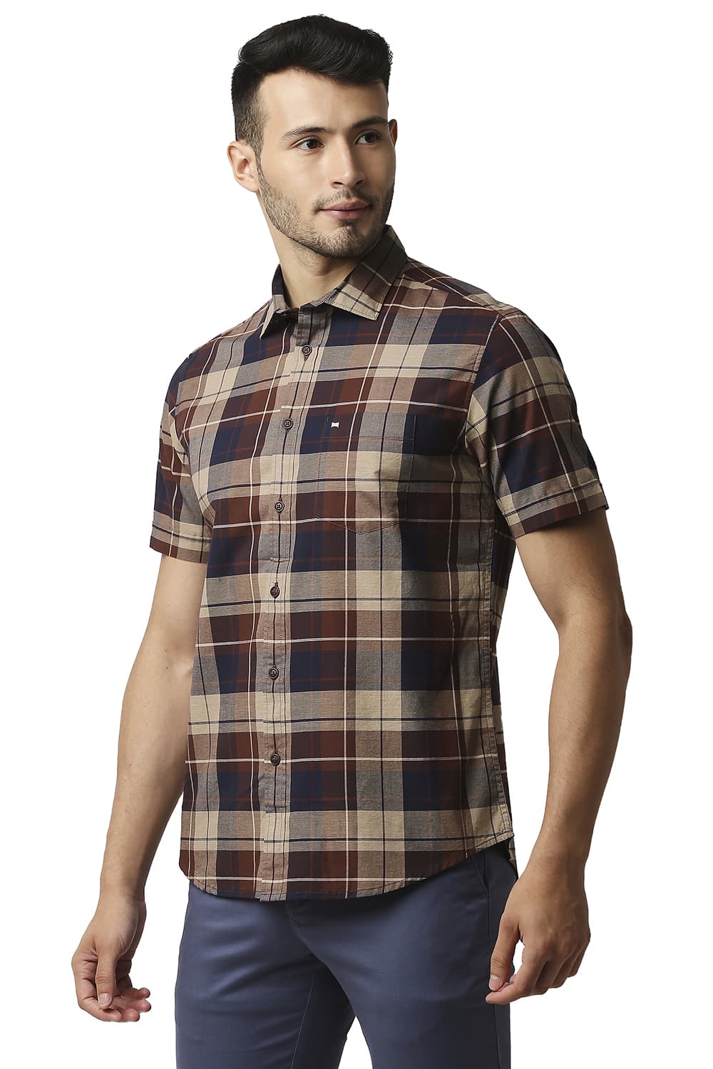 BASICS SLIM FIT OXFORD CHECKS HALFSLEEVES SHIRT