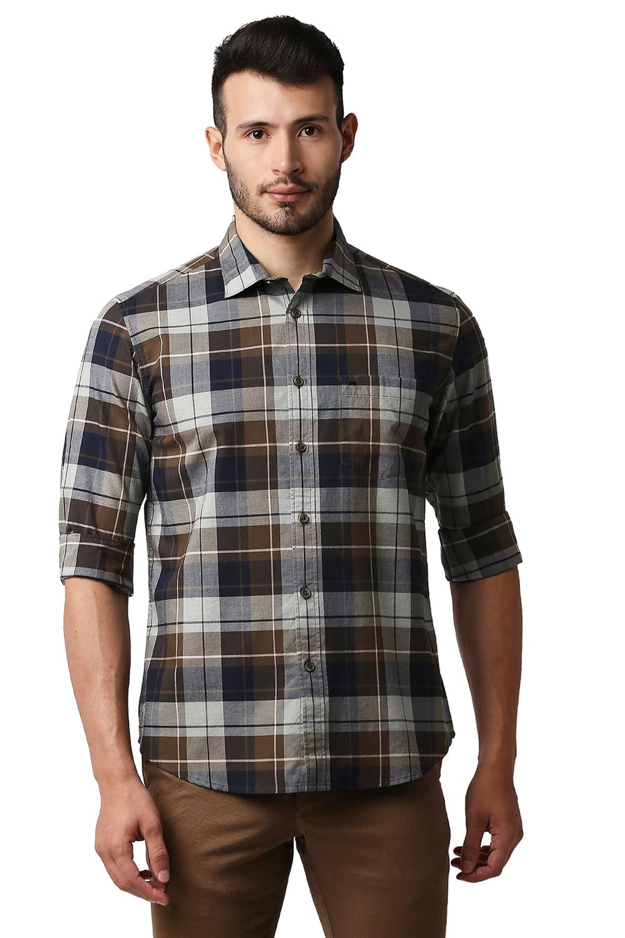 BASICS SLIM FIT BRACKEN BROWN OXFORD CHECKS SHIRT