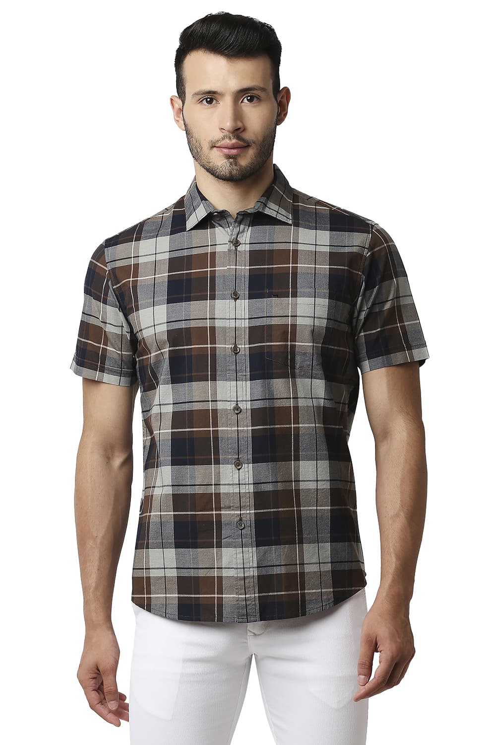 BASICS SLIM FIT OXFORD CHECKS HALFSLEEVES SHIRT