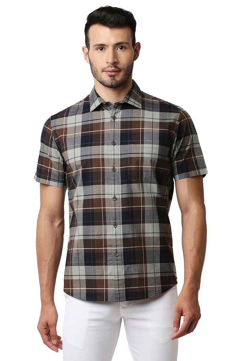 BASICS SLIM FIT OXFORD CHECKS HALFSLEEVES SHIRT