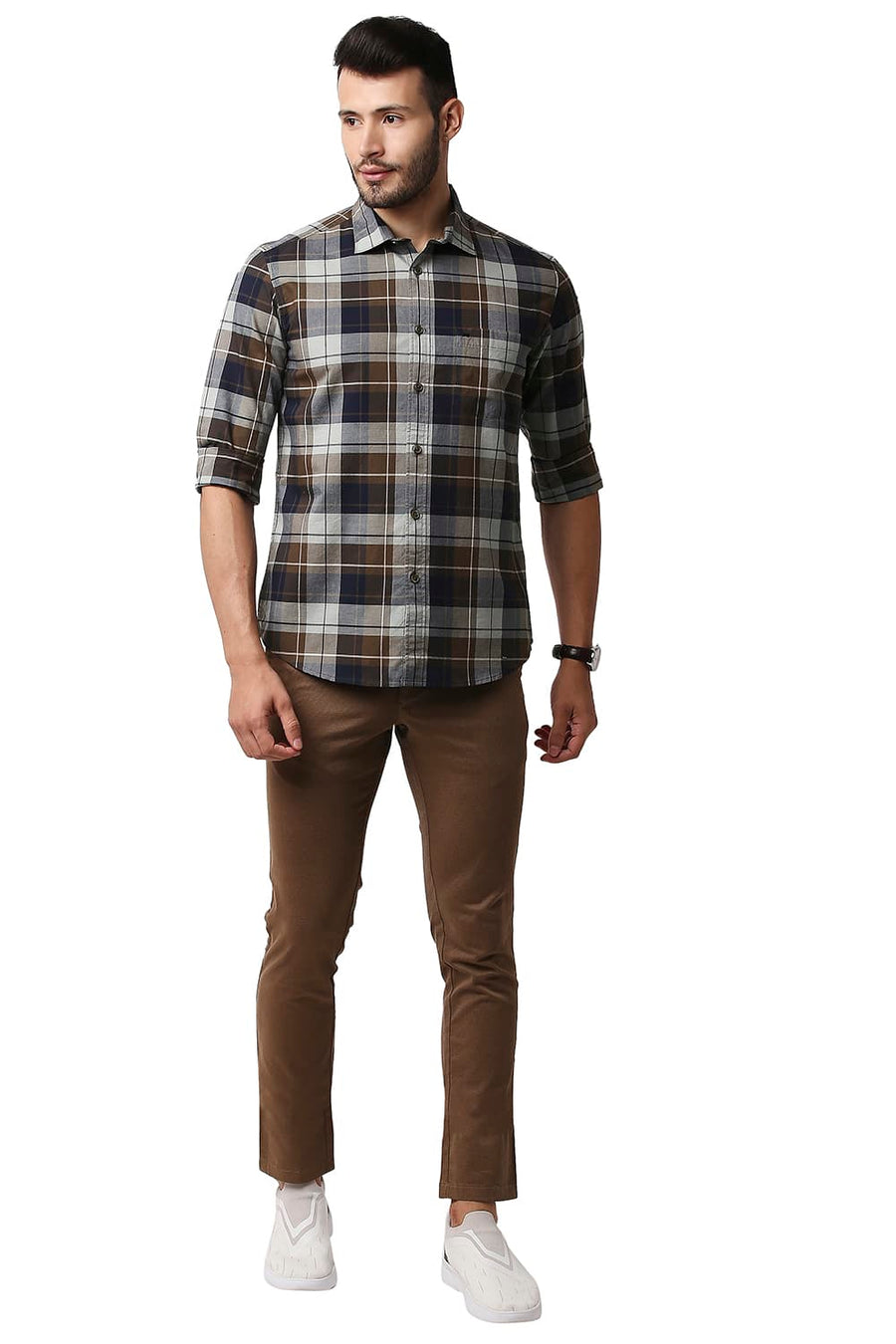 BASICS SLIM FIT BRACKEN BROWN OXFORD CHECKS SHIRT