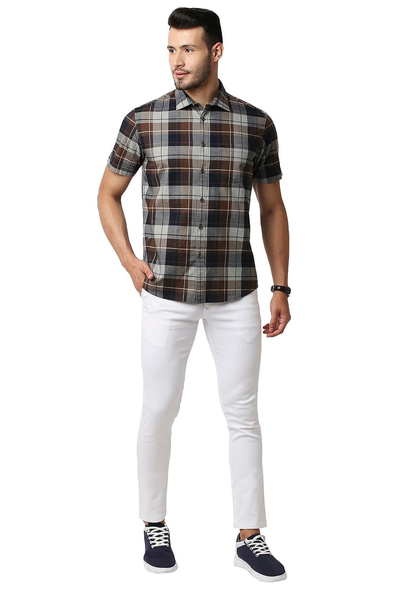 BASICS SLIM FIT OXFORD CHECKS HALFSLEEVES SHIRT