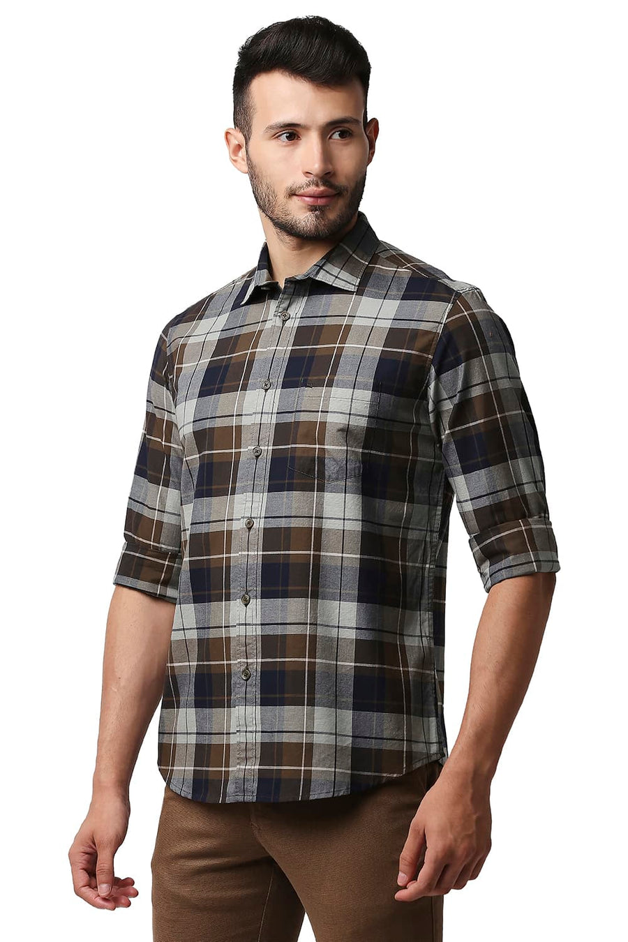 BASICS SLIM FIT BRACKEN BROWN OXFORD CHECKS SHIRT