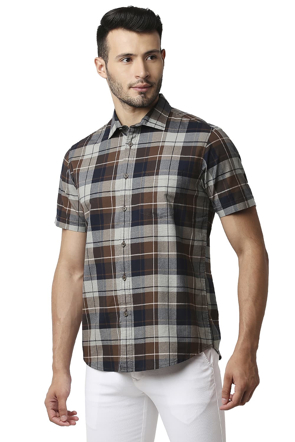 BASICS SLIM FIT OXFORD CHECKS HALFSLEEVES SHIRT