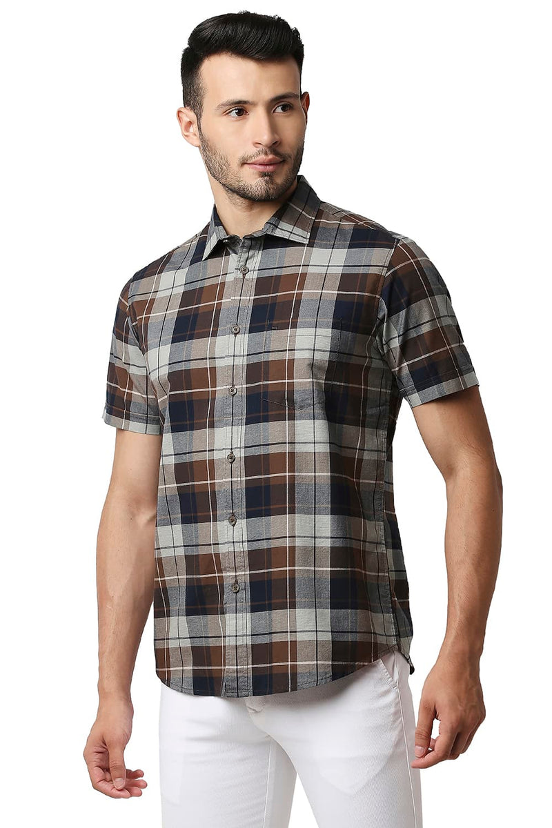 BASICS SLIM FIT OXFORD CHECKS HALFSLEEVES SHIRT