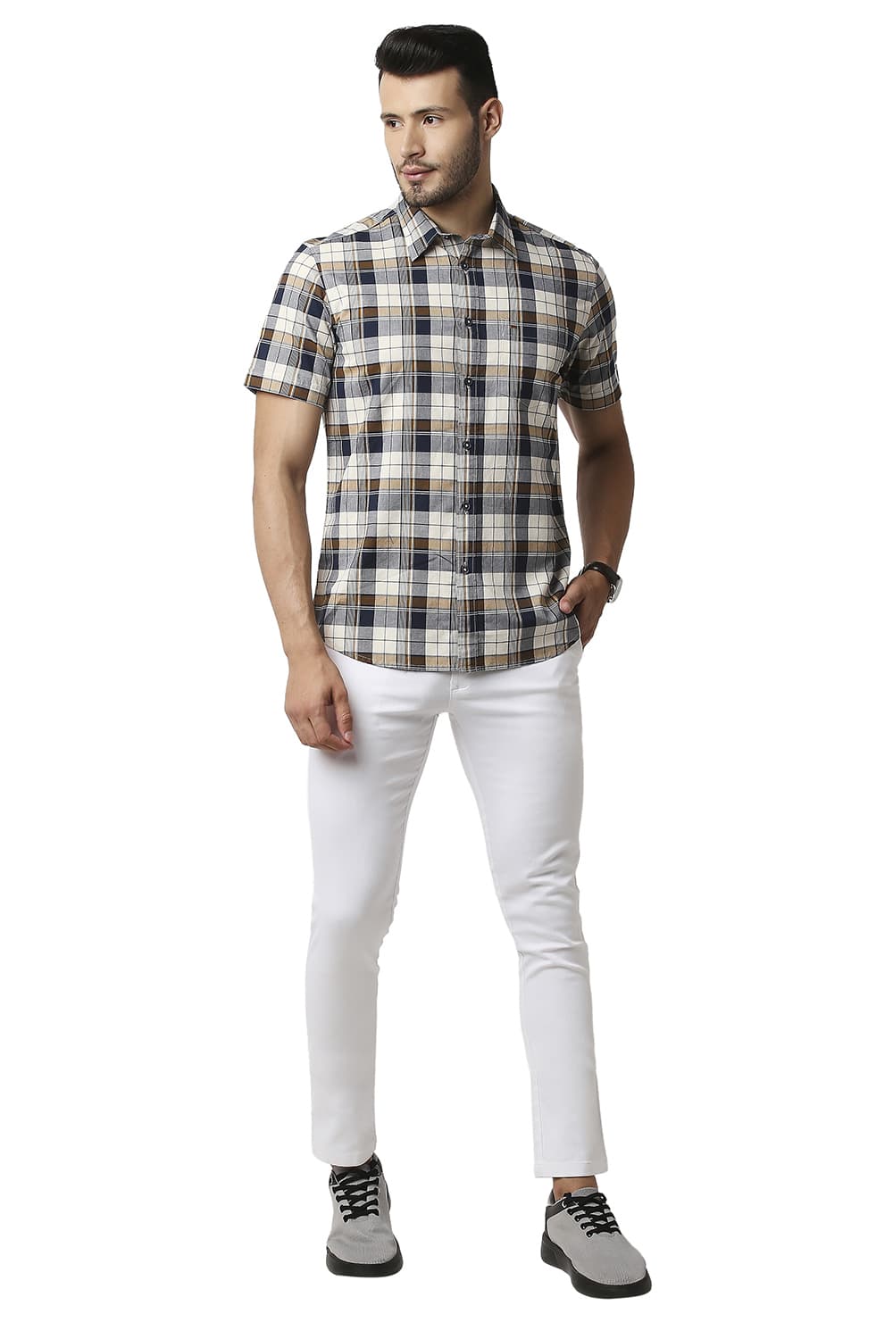 BASICS SLIM FIT OXFORD CHECKS HALFSLEEVES SHIRT