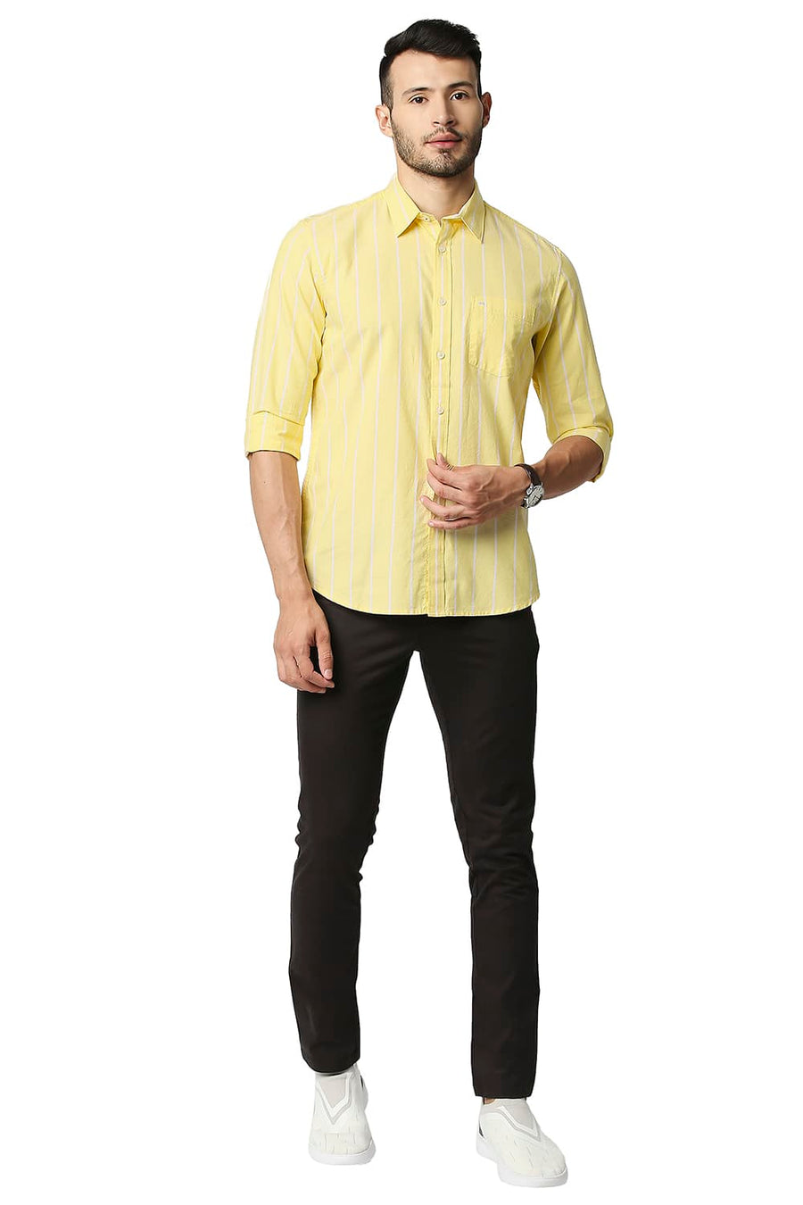 BASICS SLIM FIT SUNSHINE YELLOW OXFORD STRIPE SHIRT