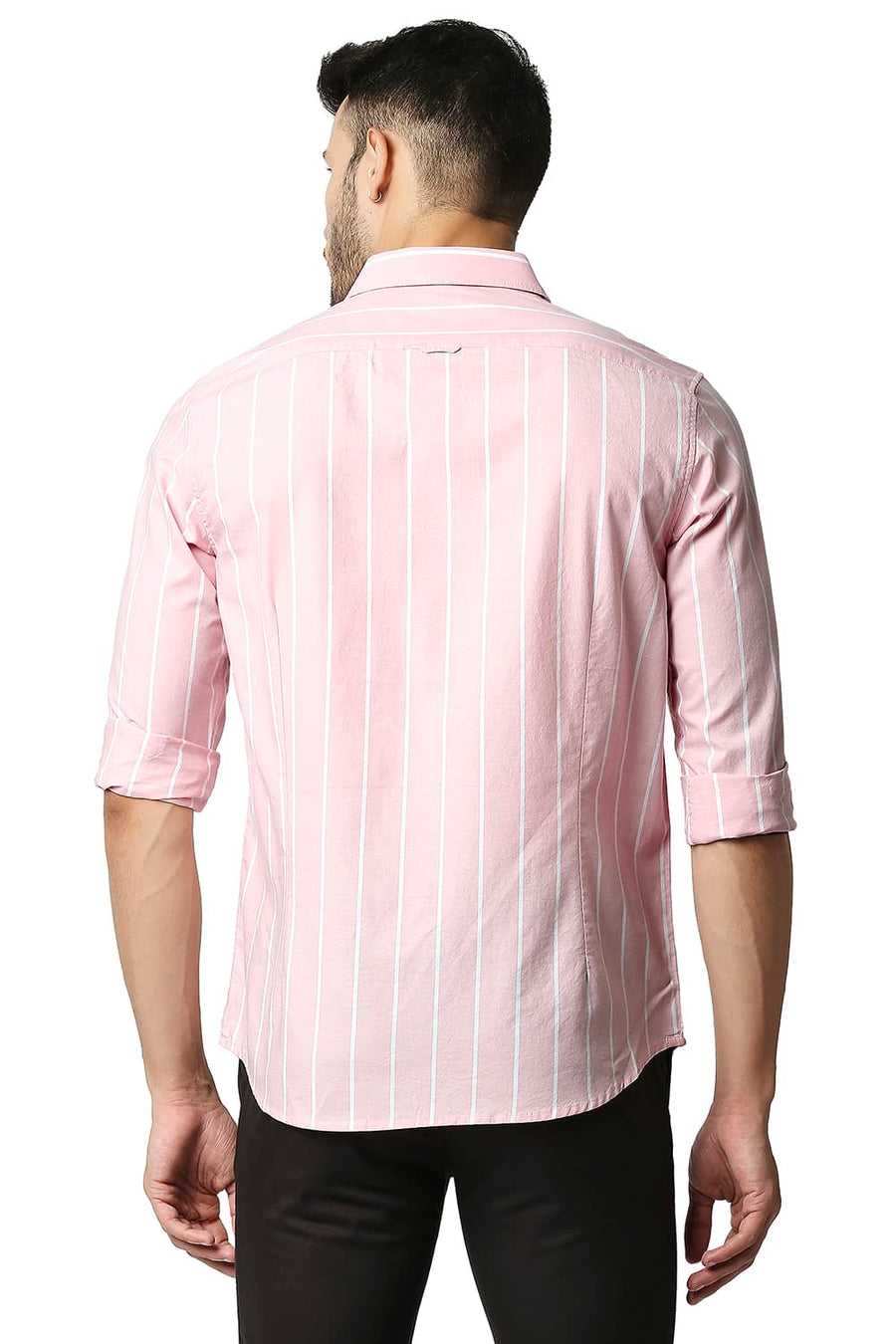BASICS SLIM FIT POWDER PINK OXFORD STRIPE SHIRT