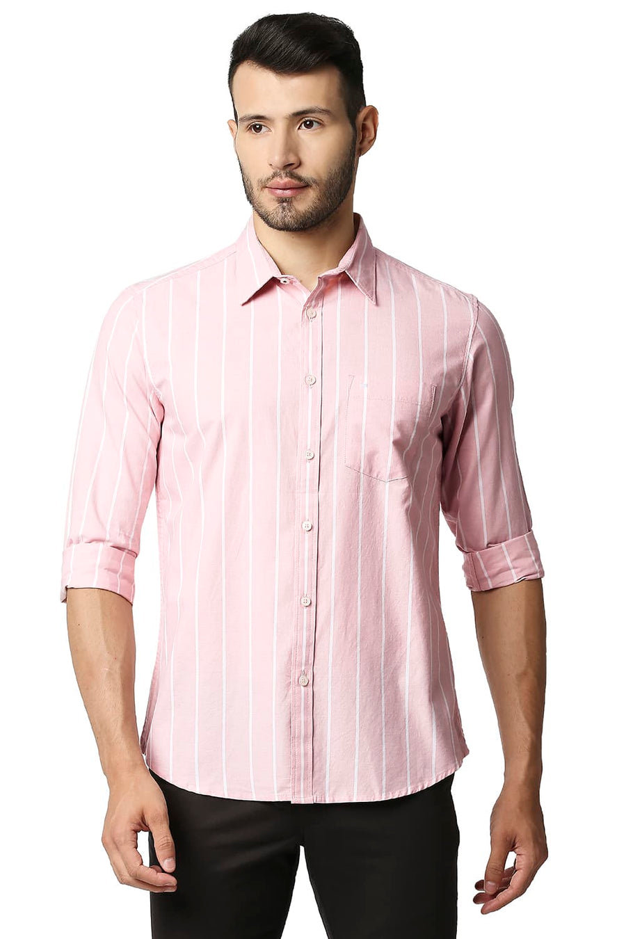BASICS SLIM FIT POWDER PINK OXFORD STRIPE SHIRT