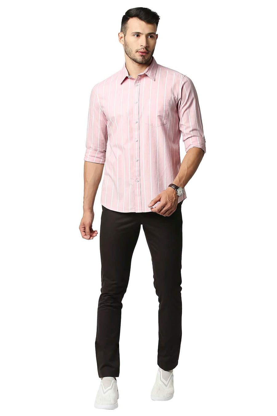 BASICS SLIM FIT POWDER PINK OXFORD STRIPE SHIRT