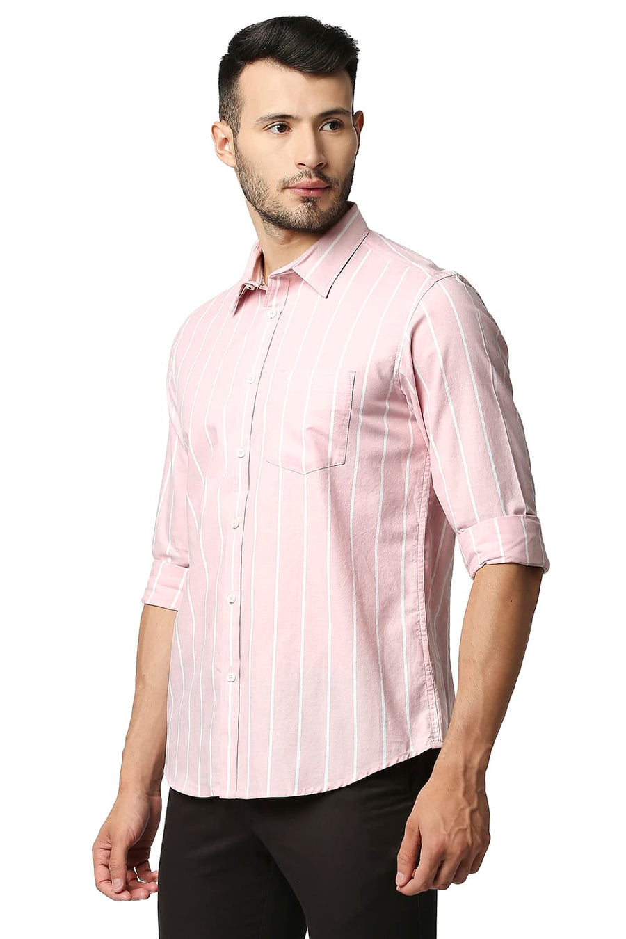 BASICS SLIM FIT POWDER PINK OXFORD STRIPE SHIRT