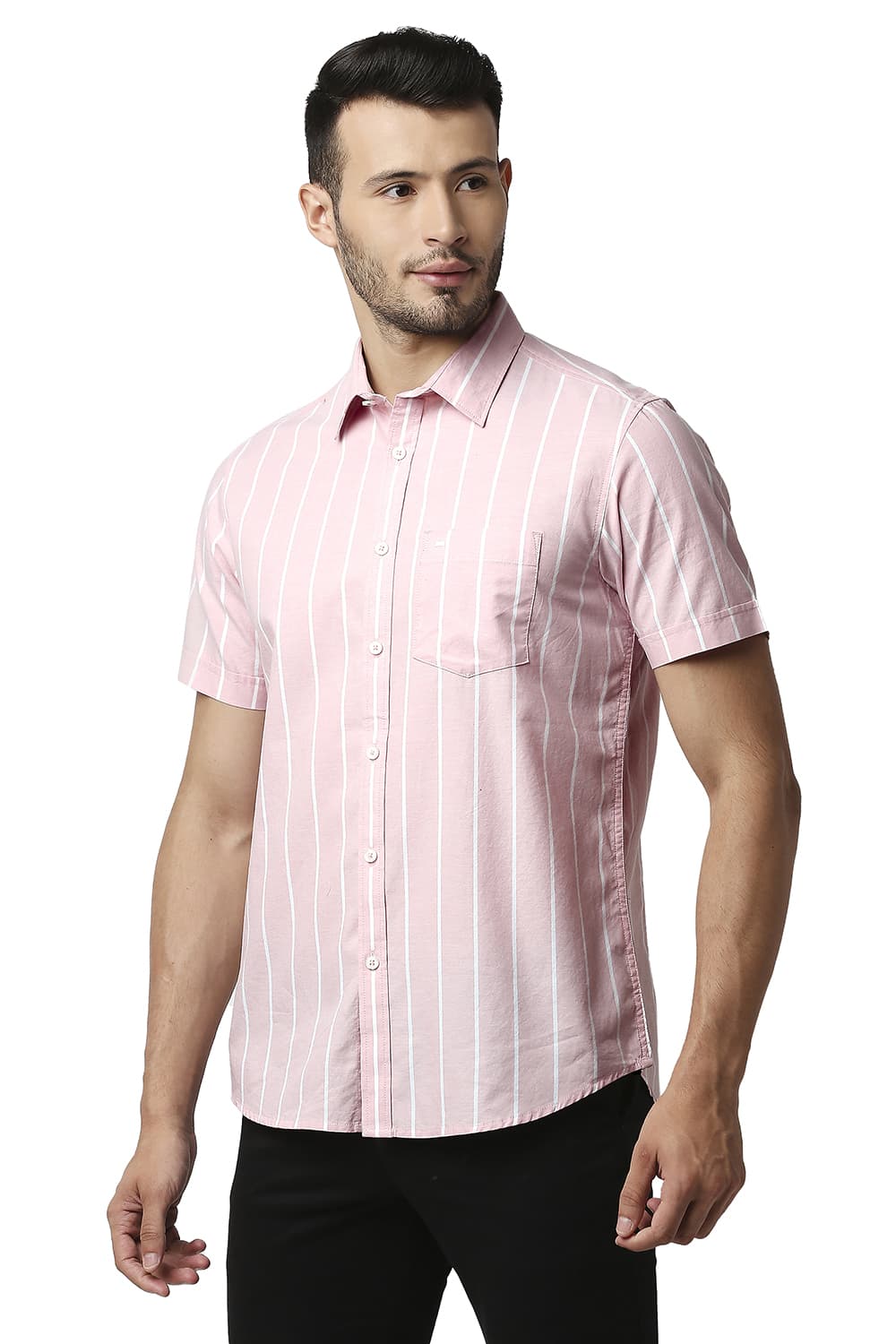 BASICS SLIM FIT OXFORD STRIPE HALFSLEEVES SHIRT