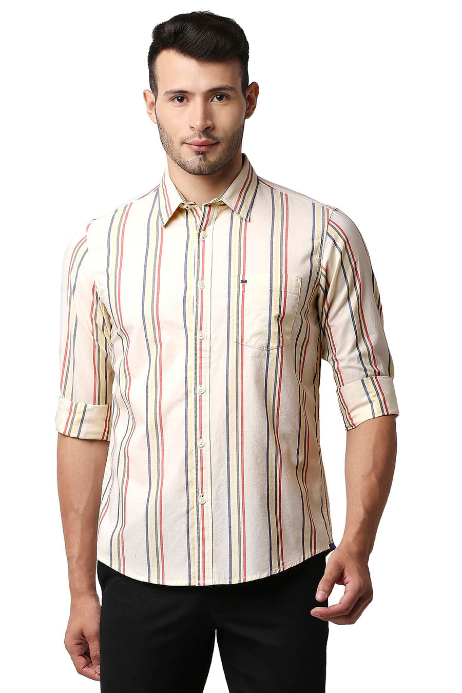 BASICS SLIM FIT YELLOW AFTER GLOW OXFORD STRIPE SHIRT