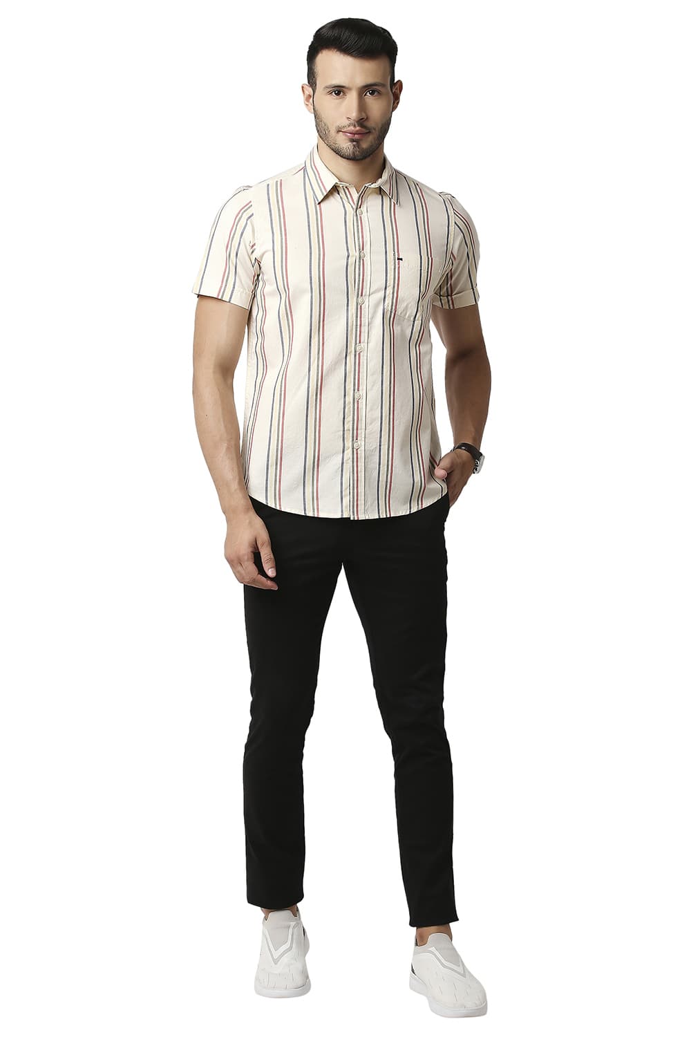 BASICS SLIM FIT OXFORD STRIPE HALFSLEEVES SHIRT