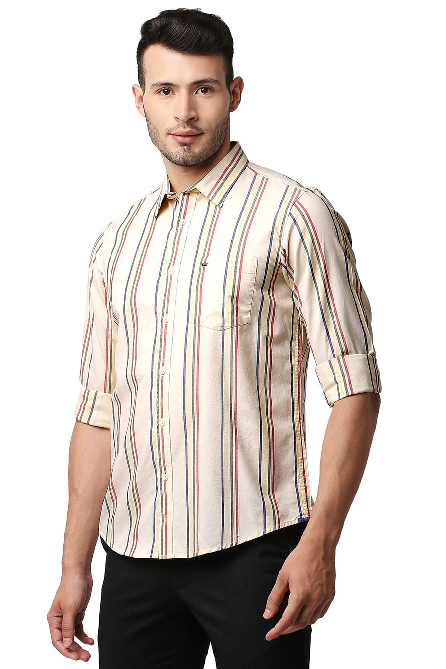 BASICS SLIM FIT YELLOW AFTER GLOW OXFORD STRIPE SHIRT