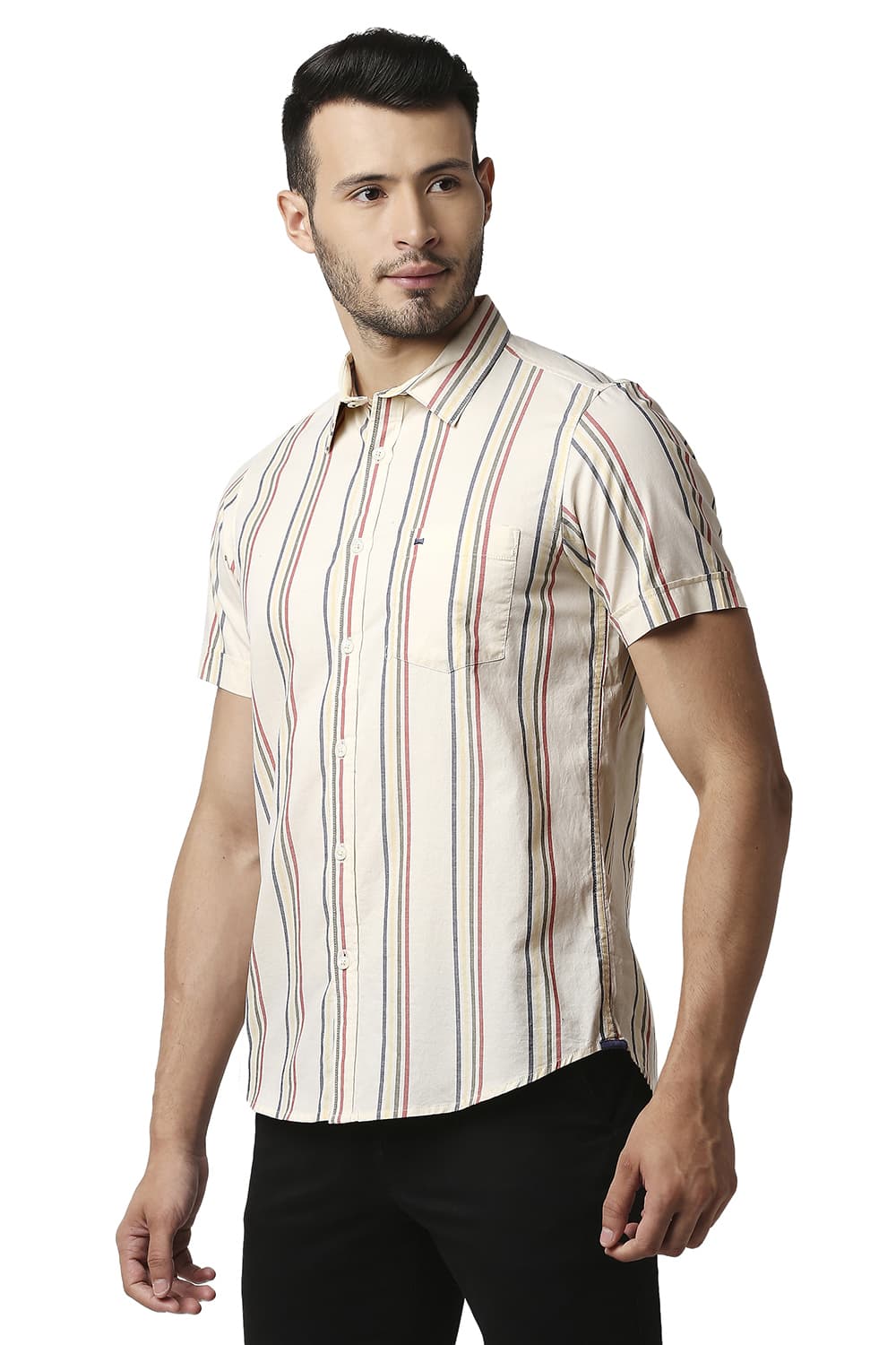 BASICS SLIM FIT OXFORD STRIPE HALFSLEEVES SHIRT