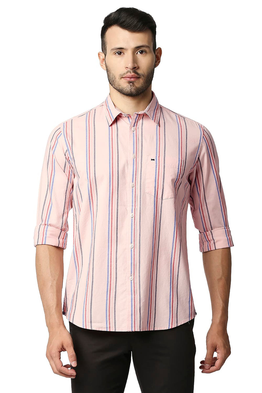 BASICS SLIM FIT GOSSAMER PINK OXFORD STRIPE SHIRT