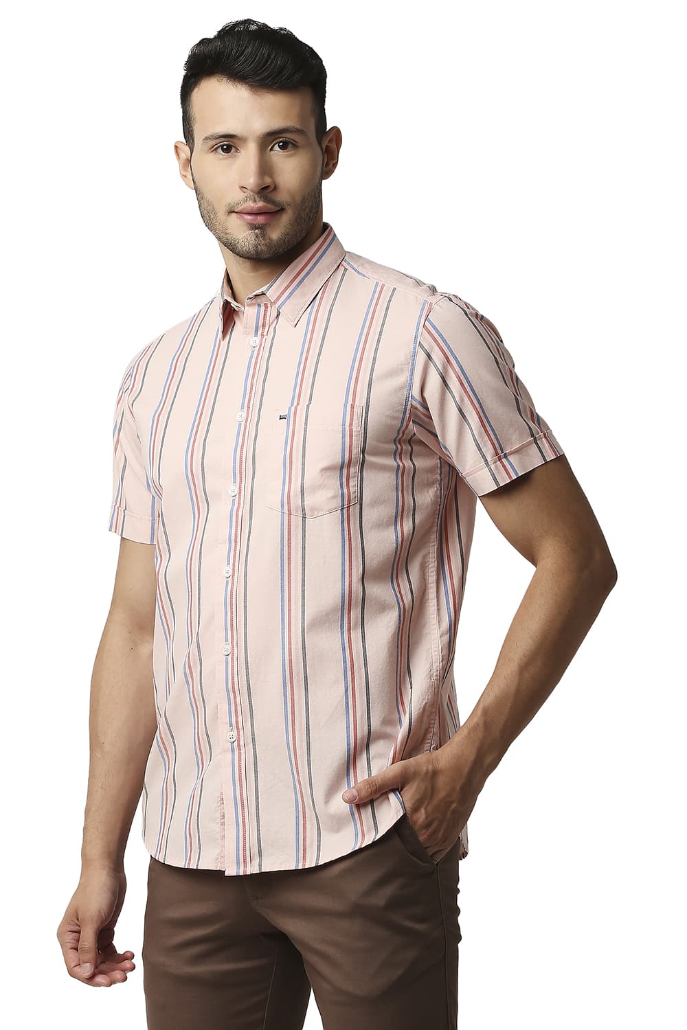 BASICS SLIM FIT OXFORD STRIPE HALFSLEEVES SHIRT