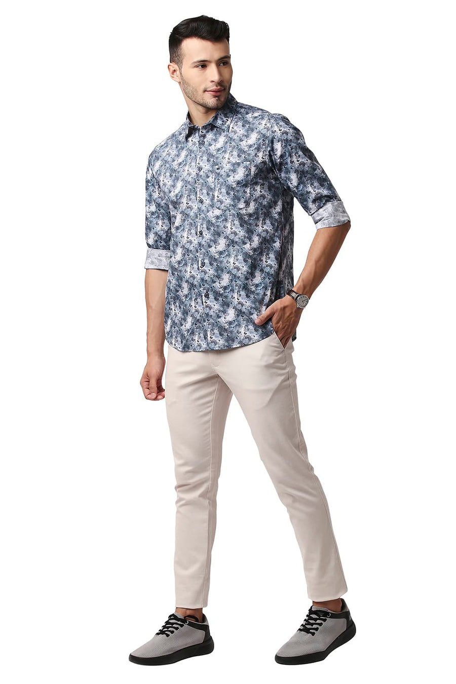 BASICS SLIM FIT SLATE GREY DIGITAL POPLIN PRINTED SHIRT