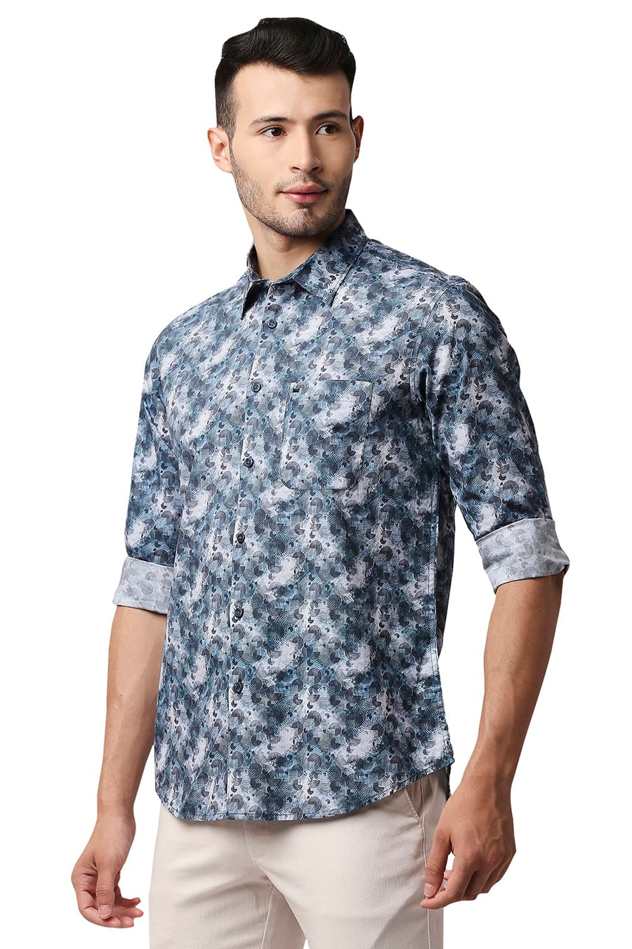 BASICS SLIM FIT SLATE GREY DIGITAL POPLIN PRINTED SHIRT