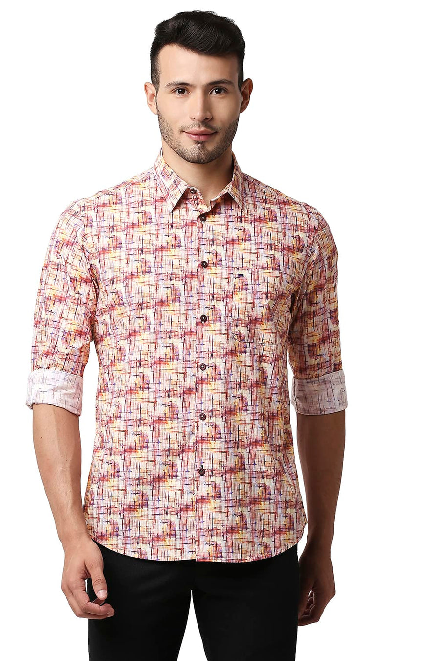 BASICS SLIM FIT AMBER ORANGE DIGITAL POPLIN PRINTED SHIRT